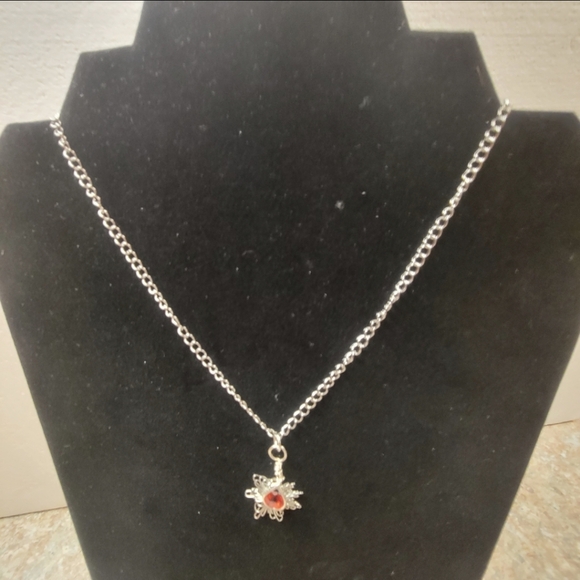 Silver Chain and Red Sunburst Stone Necklace - Picture 2 of 6